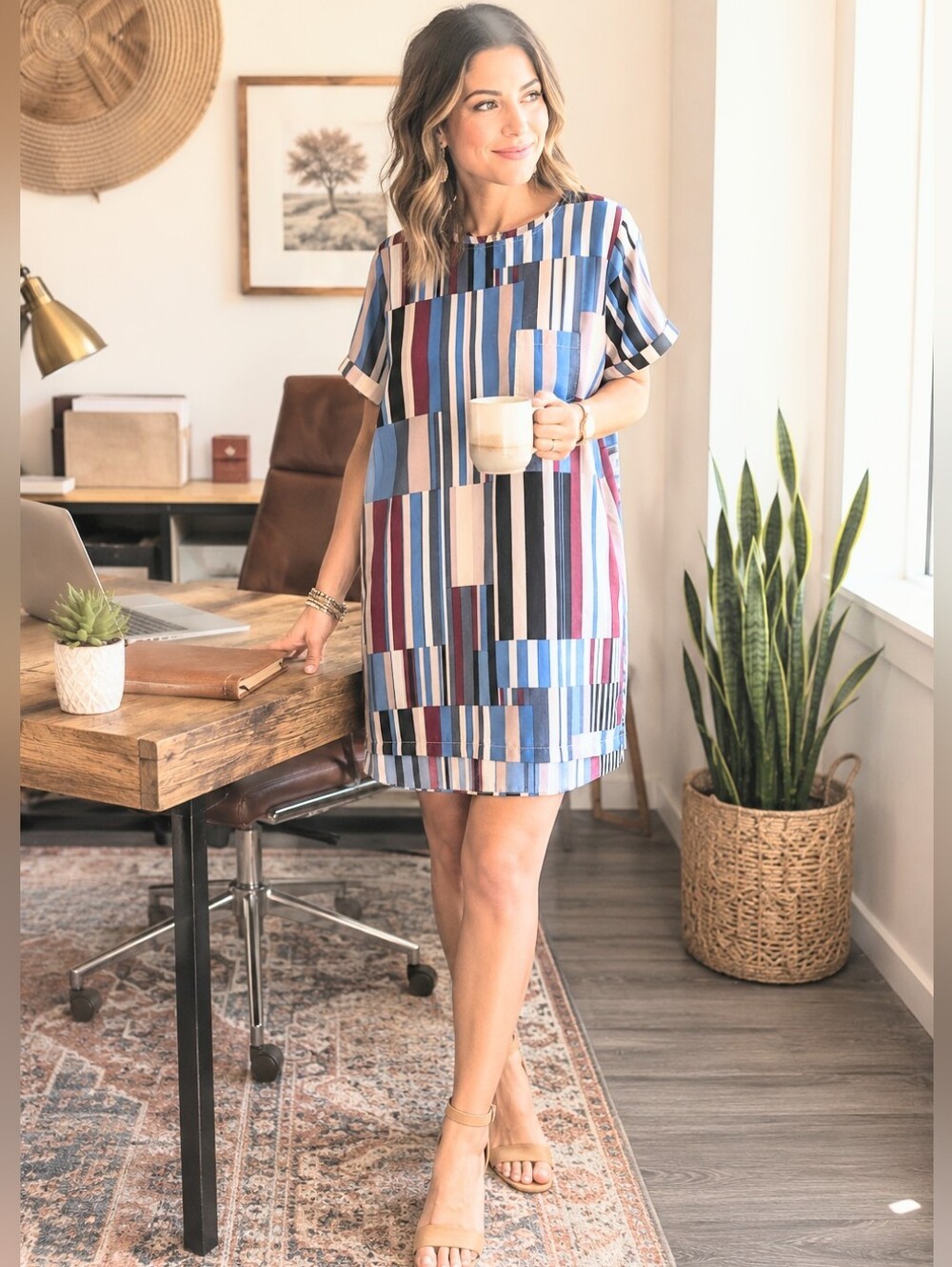 Hide & Seek Geometric Stripe Shift Dress XL 1X Pocket Modern Art Teacher Office